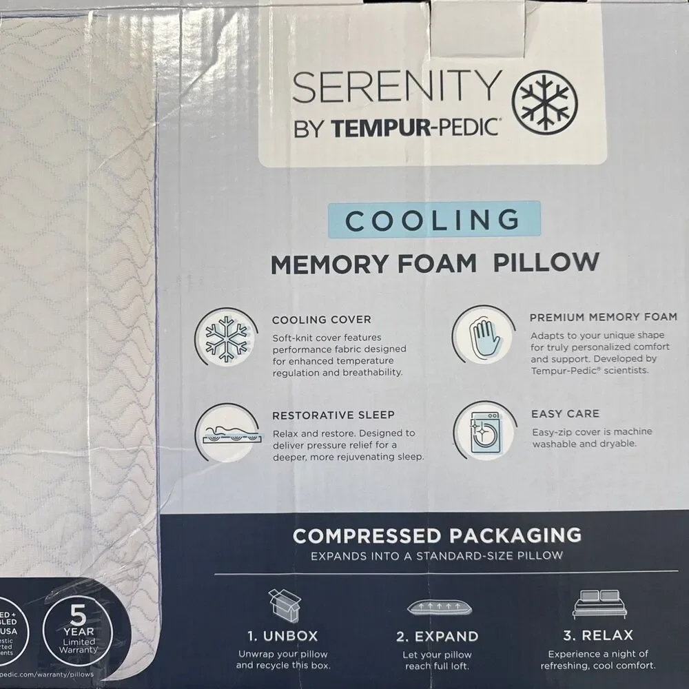 Tempur-Pedic Serenity Cooling Memory Foam Bed Pillow 24x16in Machine Washable